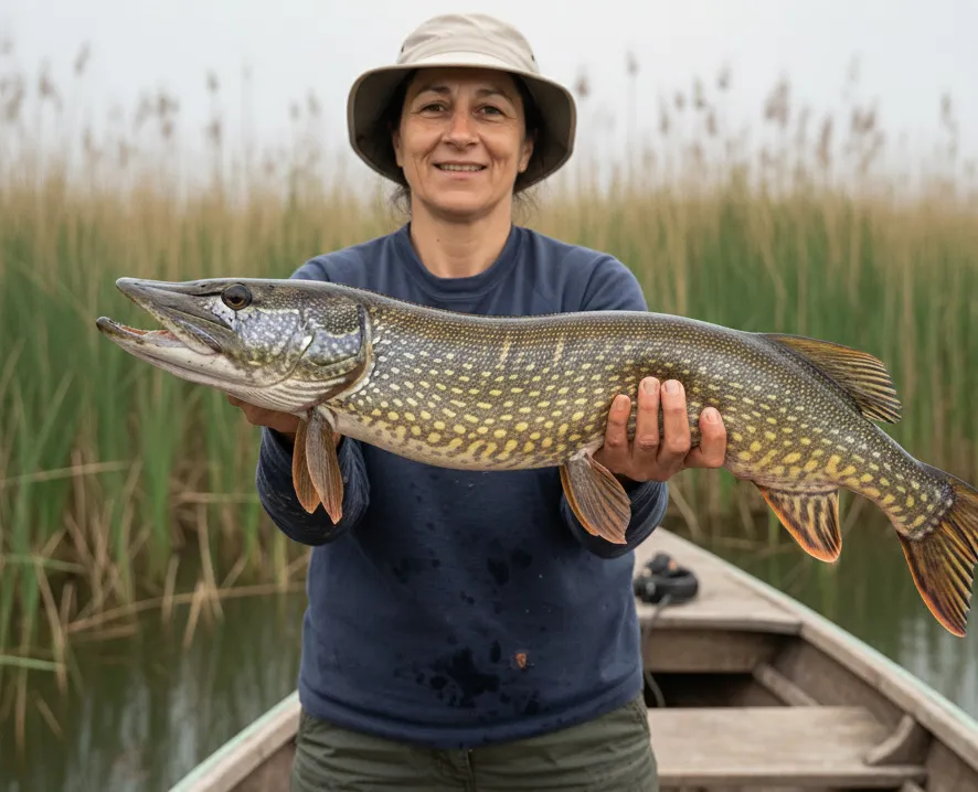 Sot në Zogaj dola për "bishat" e kallamishteve! Kjo Shukë e uritur sulmoi lugën time metalike pa paralajmërim. Është peshku më i shpejtë në liqen kur vendos të sulmojë. Kujdes duart nga dhëmbët! Pas fotos, u rikthye në shtëpinë e saj të gjelbër. 🐊🎣 #shuka #northernpike #zogaj #liqeniishkodres #catchandrelease